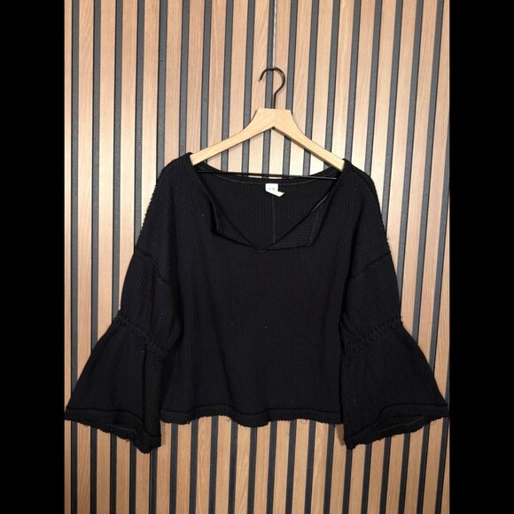 Free People Top Large Womens Dahlia Black Thermal Bell Sleeves Cotton Poly - Picture 1 of 7